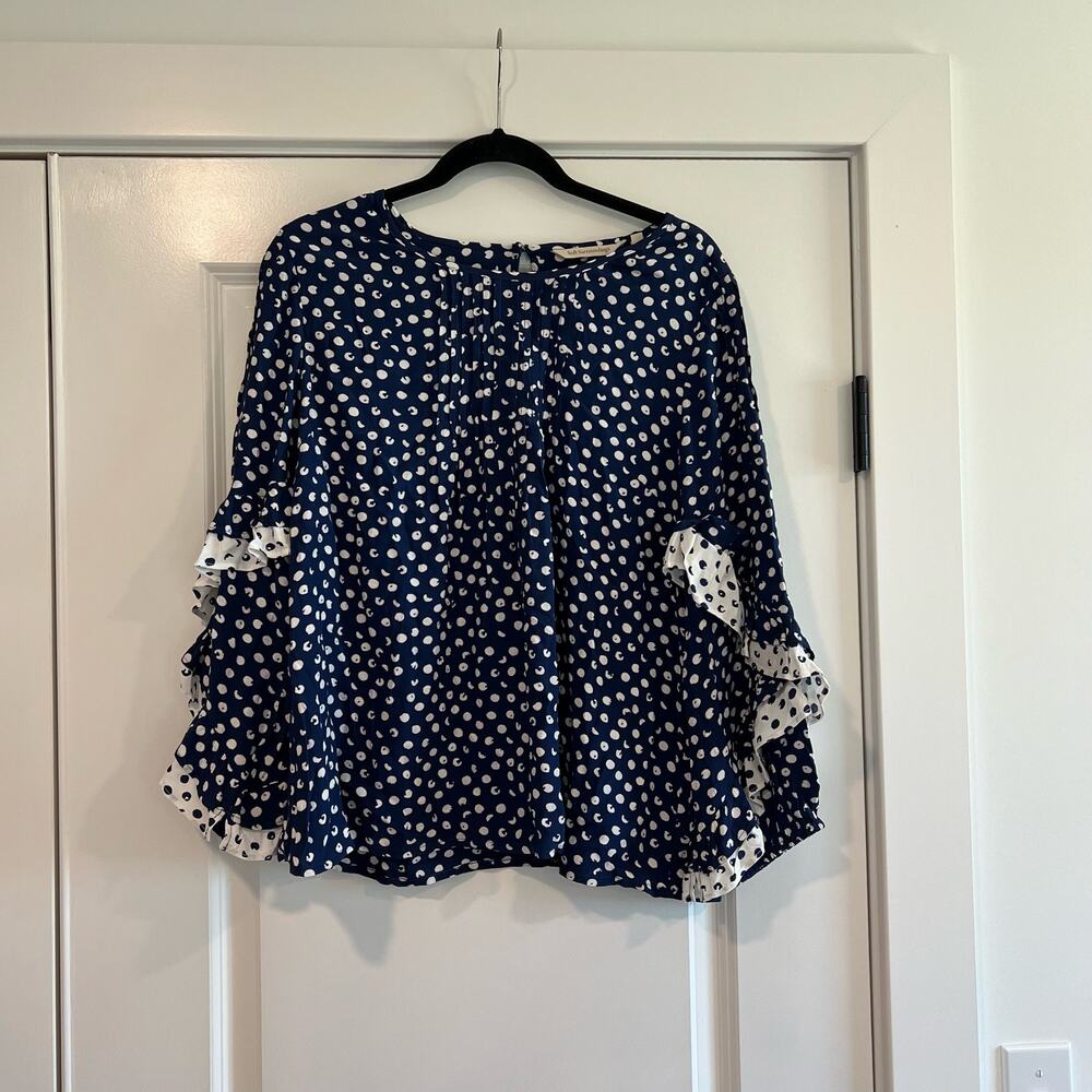 Soft Surroundings Women's Longsleeve Blouse Navy with White‎ Dots Size Small